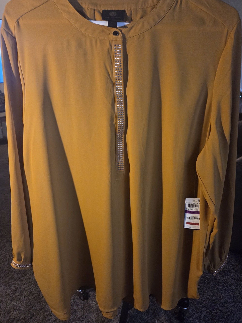 JM Collection Mustard Tunic with Rhinestone Trim - Picture 2 of 5